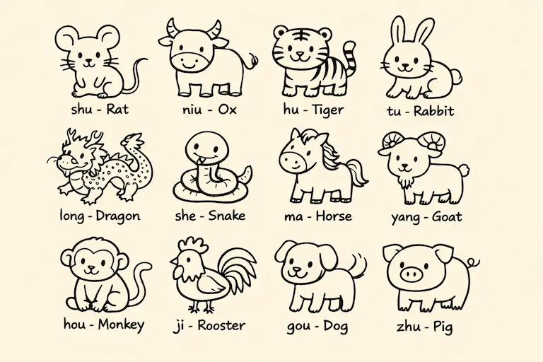 十二生肖示意图（鼠牛虎兔龙蛇马羊猴鸡狗猪）