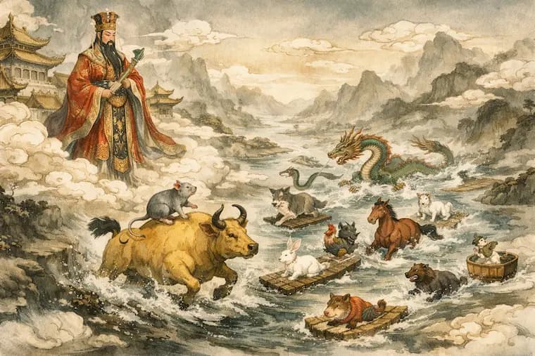 玉皇大帝俯视十二生肖竞渡的中国生肖起源神话插画